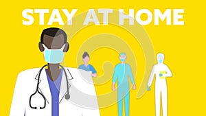 Animation of social distancing message with doctor wearing mask with medical personnel standing behi