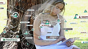 Animation of social media icons and network of connections over caucasian woman using tablet