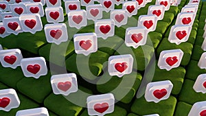Animation social media like icons floating on the green field. 4K 3D animation.