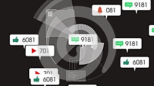 Animation of social media networking icons over round scanner against grey background