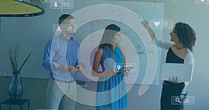 Animation of social media notifications over diverse colleagues in discussion at casual office