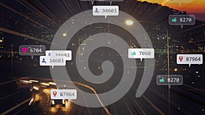 Animation of social media notifications over fast motion traffic on road and city lights at sunset