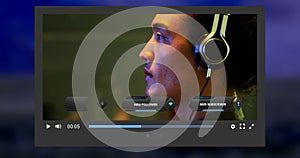 Animation of social media screen over asian man making video blog and wearing headphones