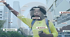 Animation of social network notifications over african american woman using smartphone hailing taxi