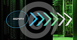 Animation of speed gauge, arrows and data processing over computer servers