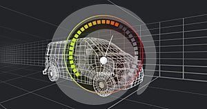 Animation of speed gauge and data processing over 3d drawing of car