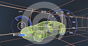 Animation of speedometer over electric car project on navy background