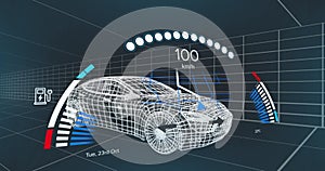 Animation of speedometer over electric car project on navy background