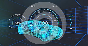 Animation of speedometer over electric car project on navy background