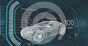 Animation of speedometer over electric car project on navy background