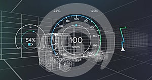 Animation of speedometer over electric truck project on navy background