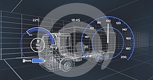 Animation of speedometer over electric truck project on navy background