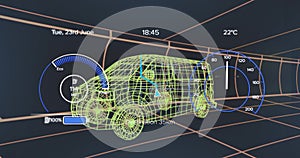 Animation of speedometer over electric van project on navy background