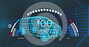 Animation of speedometer over electric van project on navy background