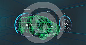 Animation of speedometer over electric van project on navy background