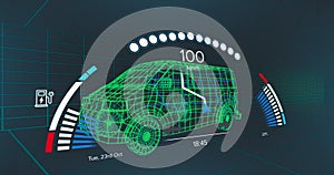 Animation of speedometer over electric van project on navy background