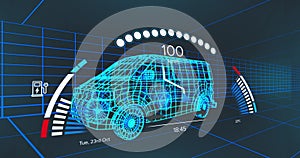 Animation of speedometer over electric van project on navy background