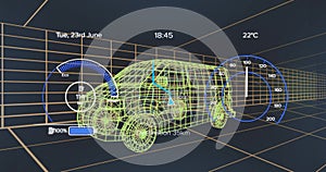 Animation of speedometer over electric van project on navy background