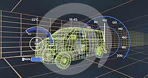 Animation of speedometer over electric van project on navy background