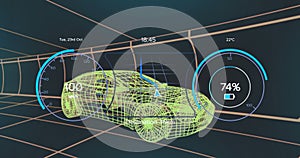 Animation of speedometers, numbers, battery icon over 3d model of car against black background