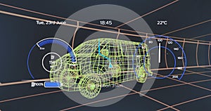 Animation of speedometers, numbers and battery icon over 3d model of van against black background