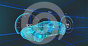 Animation of speedometers and numbers over 3d model of car against grid pattern on black background