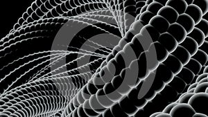 Animation of spheres assembled in a spiral shape twisting on a black background, monochrome. Design. Black and white