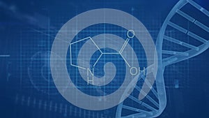 Animation of spinning dna strand over chemical formula and cardiograph