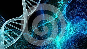 Animation of spinning dna structure, blue and green digital waves against black background