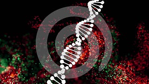 Animation of spinning dna structure, red and green digital waves against black background