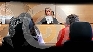 Animation of spinning globe over caucasian female judge during lawsuit