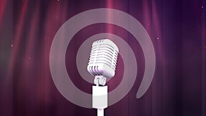 Animation of spotlight on retro microphone in front of dark red theatre curtain