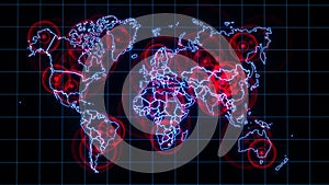 Animation of spread of the coronavirus from china wuhan. Epidemic, war, nodes, blockchain. Worldwide earth map animation
