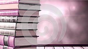 Animation of stack of books with copy space over glowing pink lights