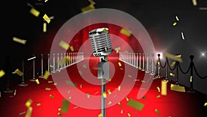 Animation of stage microphone and confetti over red carpet on black background