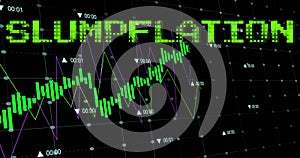 Animation of stagflation text in green over graph and processing data