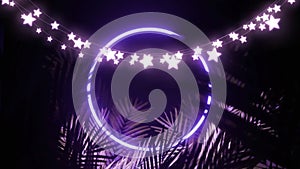 Animation of star string lights and blue neon ring, with palm leaves on black background