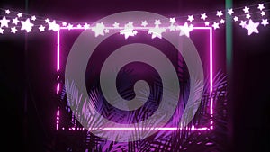 Animation of star string lights and pink neon rectangle, with palm leaves on black background