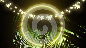 Animation of star string lights and yellow neon ring, with palm leaves on black background