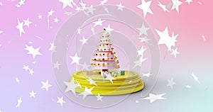 Animation of stars falling over christmas tree snow globe on pink background