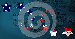 Animation of stars and stripes of american flag over declaration of independence on blue