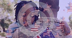 Animation of stars with usa flags over african american soldier father hugging daughter