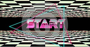 Animation of start text banner over neon triangular shapes against chequerboard pattern