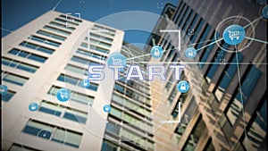 Animation of start text and connected icons over low angle view of modern building against sky