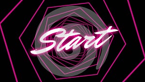 Animation of start text in glowing letters over neon geometric tunnel