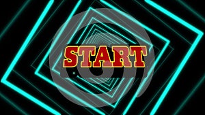 Animation of start text over neon shapes on black background