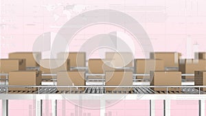 Animation of statistical data processing over boxes on conveyer belt against pink background