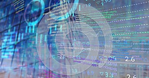 Animation of statistical and stock market data processing against lowangle view of tall bulding