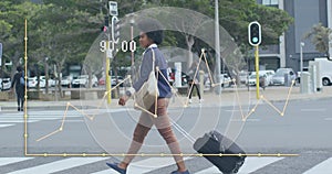 Animation of statistics and business data over african american woman in crossing city street