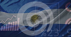 Animation of statistics and data processing over waving flag of argentina
